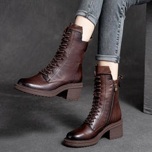 Load image into Gallery viewer, Cow Leather Women Shoes Winter Square Med Heel Ankle Boots q386