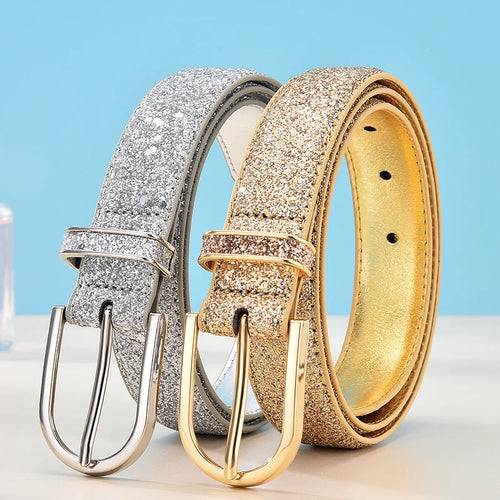 Fashion Women Glitter Gold Belt Silver Pu Waist Belt
