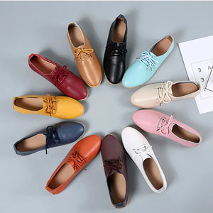 Women Leather Shoes Flats Loafers Genuine Leather Pigskin Lace Up Shoes