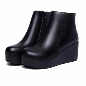 Genuine Leather Winter Boots Shoes Women Wedges Ankle Boots Warm Shoes x16
