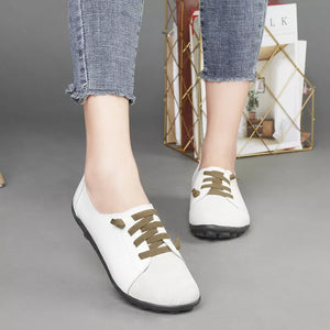 Women Genuine Leather Shoes Ballerina Lace Up Flats Loafers