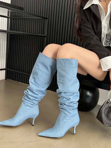 Sexy Women Over The Knee Boots Chelsea Booties Pointed Toe Blue Black White Denim Cloth Winter Dress Shoes Slip On Autumn Boots