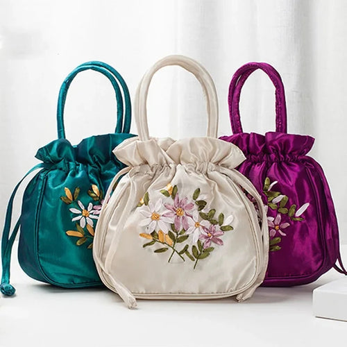 Retro Embroidery Drawstrings Handbags Women Purse Wallets Card Holder Bucket Shoulder Bag