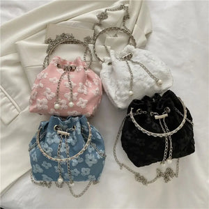 Flower Printing Bucket Bag Korean Style Fresh Small Drawstring Bag Metal Chain Women Fashion Crossbody Bag