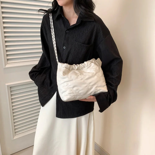 Pu Leather Silver Chain Shoulder Bags for Women 2024 Fashion Handbags Crossbody Bucket Bag