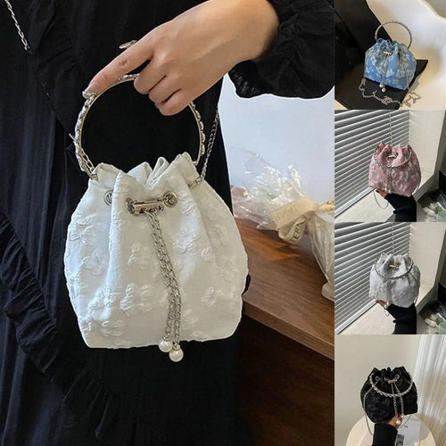 Flower Printing Bucket Bag Korean Style Fresh Small Drawstring Bag Metal Chain Women Fashion Crossbody Bag