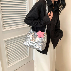 Pu Leather Silver Chain Shoulder Bags for Women 2024 Fashion Handbags Crossbody Bucket Bag