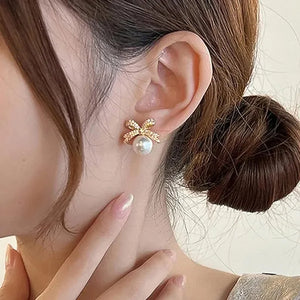 Bow Imitation Pearl Stud Earrings for Women Temperament Gold Color CZ Earrings Wedding Party New Trendy Jewelry