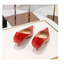 Load image into Gallery viewer, Women Original Working Heels Patent Leather Low Cutter Shiny Pumps Long Toe Shallow Mouth Slip-On In Red White Null Dress Shoes
