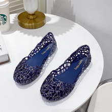 Load image into Gallery viewer, Women Jelly Shoes Dazzling Blue Gold Flats PVC Slip-Ons Round Toe Breathable Cut-Out Daily Ballet Moccasines Wide Fits EU41-36 9