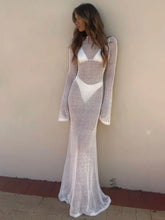 Load image into Gallery viewer, Long Sleeve Knit Beach Dress Women Sexy See Through Slim Maxi Dress Summer Elegant Solid Backless Long Dress Holiday Outfit 2024