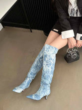Load image into Gallery viewer, Sexy Women Over The Knee Boots Chelsea Booties Pointed Toe Blue Black White Denim Cloth Winter Dress Shoes Slip On Autumn Boots