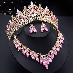 Luxury Purple Crystal Crown Bridal Jewelry Set Princess Queen Pink Tiaras Bride Wedding Earrings Necklace Set Girls Dubai Sets