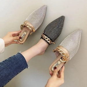 Pointed Toe Half Slippers Summer Wear New Fashion Rhinestone Flats Sandals Casual Slippers Metal Chain Slides