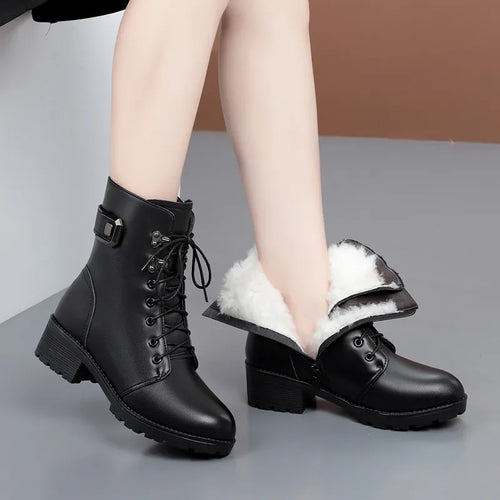 Women Genuine Leather Ankle Boots Platform Winter Antumn Plush Fur Warm Shoes
