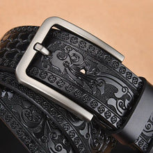 画像をギャラリービューアに読み込む, Print Leather Belt Floral Strap For Men 4.0 CM Black Vintage Embossing Genuine Cowskin Belt