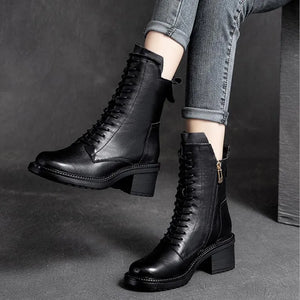 Cow Leather Women Shoes Winter Square Med Heel Ankle Boots q386