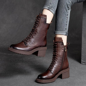 Cow Leather Women Shoes Winter Square Med Heel Ankle Boots q386