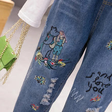 Load image into Gallery viewer, Harajuku Embroidered Jeans Women Blue Casual Baggy Cropped Trousers Fashion High Waist Plus Size Lace Up Denim Pants