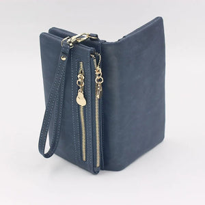 Large Capacity Women's Dull Polish Leather Wallet Double Zipper Clutch Wristlet Purse Phone Coin Card Holder Multi-pocket Wallet