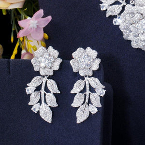 Flower Leaf Drop Cubic Zircon Women Necklace Earrings Jewelry Set cw51 - www.eufashionbags.com