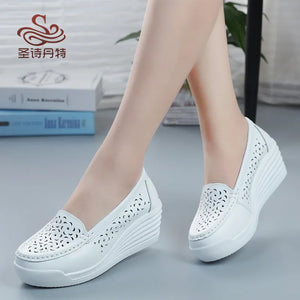 New Women's Genuine Leather Sneakers Platform Shoes Wedges Casual Shoes x18