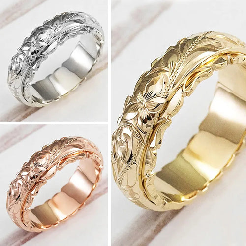Craved Flower Pattern Women Ring 3 Metal Colors Wedding Rings Classic Timeless Jewelry
