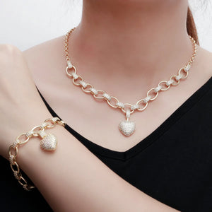 585 Gold Color Cubic Zirconia Love Heart Jewelry Set Dangle Charm Bracelet Pendant Necklace z12