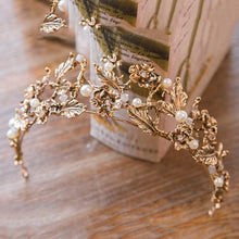 Load image into Gallery viewer, Gold Color Pearl Leaf Bridal Tiaras Crystal Crown Hairbands bc57 - www.eufashionbags.com