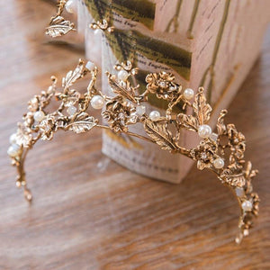 Gold Color Pearl Leaf Bridal Tiaras Crystal Crown Hairbands bc57 - www.eufashionbags.com