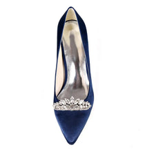 Carica l&#39;immagine nel visualizzatore di Gallery, low heel dress shoes pointed toe satin wedding party prom shoes with crystal crown queen pumps slip on mid heels