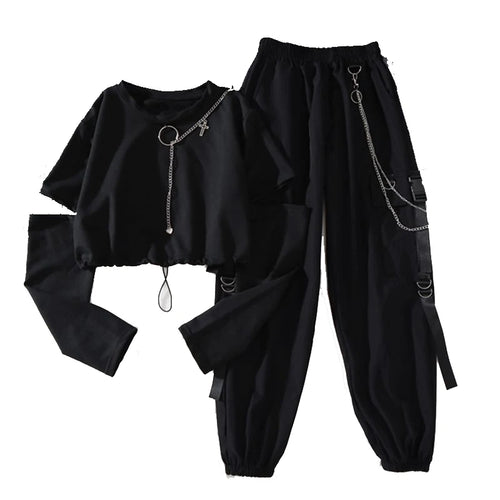 2023 Autumn Women Harajuku Cargo Pants Handsome Cool Two-piece Suit Casual Chain Long Sleeve T-shirt+Big Pocket Ribbon Pants Set