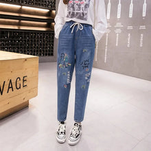 Laden Sie das Bild in den Galerie-Viewer, Harajuku Embroidered Jeans Women Blue Casual Baggy Cropped Trousers Fashion High Waist Plus Size Lace Up Denim Pants