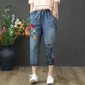 High Waist Women Retro Straight Trousers Ankle Length Pants Elastic Waist Harem Pant Hole Embroidered Jeans