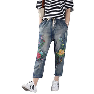 High Waist Women Retro Straight Trousers Ankle Length Pants Elastic Waist Harem Pant Hole Embroidered Jeans