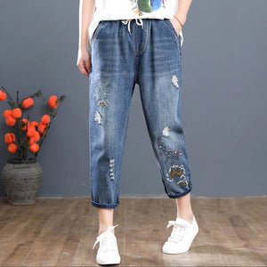 Summer Fashion Ripped Holes Jeans Womens Luxury Embroidery Harem Pants Loose Elastic Denim Trousers