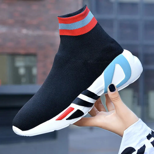 High Top Casual Sock Shoes Woman Flying Woven Vulcanized Sneakers Schoenen Vrouw Soft Outdoor Walking Trainers Shoes