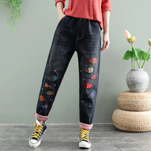 European Fashion Winter Streetwear Loose Casual Jeans Womens Vintage Printed Harem Pants Oversized Pantalons