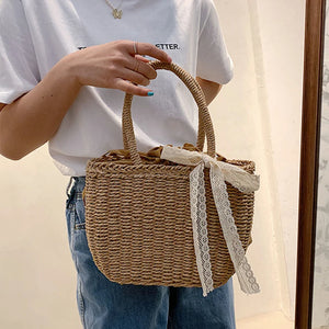 Hot Summer Lace Straw Bag Women Fashion Rattan Handle Bag Handmade Weave Handbag