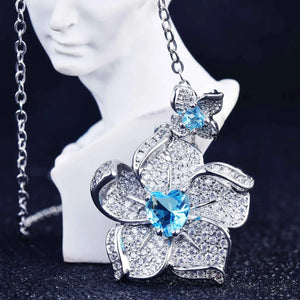 Luxury Silver Color Flower Jewelry Sets For Women Blue Stone Pendant Necklace Stud Earring Ring Sets Party Costume Jewelry
