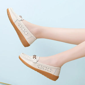 Summer Women Casual Shoes Leather Breathable Flats Shoes Cut Out Women's Loafer Office Slip-on Moccasins Plus Size 35-42