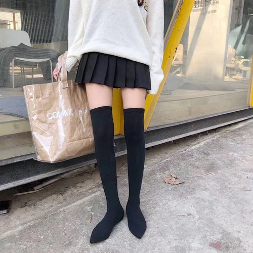 Over The Knee Women Boots Knitting Spring Autumn Slip On Knee Boots Pointed Toe Casual Dress Shoes Sock Boots
