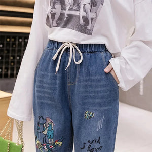 Harajuku Embroidered Jeans Women Blue Casual Baggy Cropped Trousers Fashion High Waist Plus Size Lace Up Denim Pants