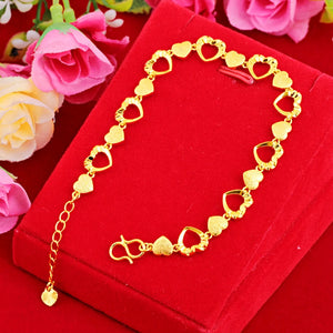 24K Gold Filled Heart Link Bangle Bracelets for Women Fashion Party Wedding Jewelry x37