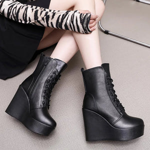 Fashion Genuine Leather Winter Boots Platform Wedges High Heel Boots x08