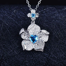 Laden Sie das Bild in den Galerie-Viewer, Luxury Silver Color Flower Jewelry Sets For Women Blue Stone Pendant Necklace Stud Earring Ring Sets Party Costume Jewelry
