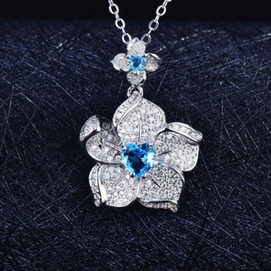 Luxury Silver Color Flower Jewelry Sets For Women Blue Stone Pendant Necklace Stud Earring Ring Sets Party Costume Jewelry