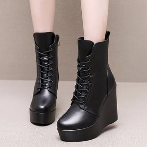 Fashion Genuine Leather Winter Boots Platform Wedges High Heel Boots x08