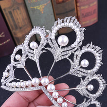 Load image into Gallery viewer, Miss Universe Crown Round Adjustable Pearl Peakcock Feather Tiara l13