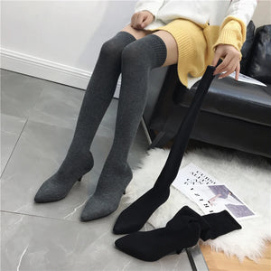 Over The Knee Women Boots Knitting Spring Autumn Slip On Knee Boots Pointed Toe Casual Dress Shoes Sock Boots